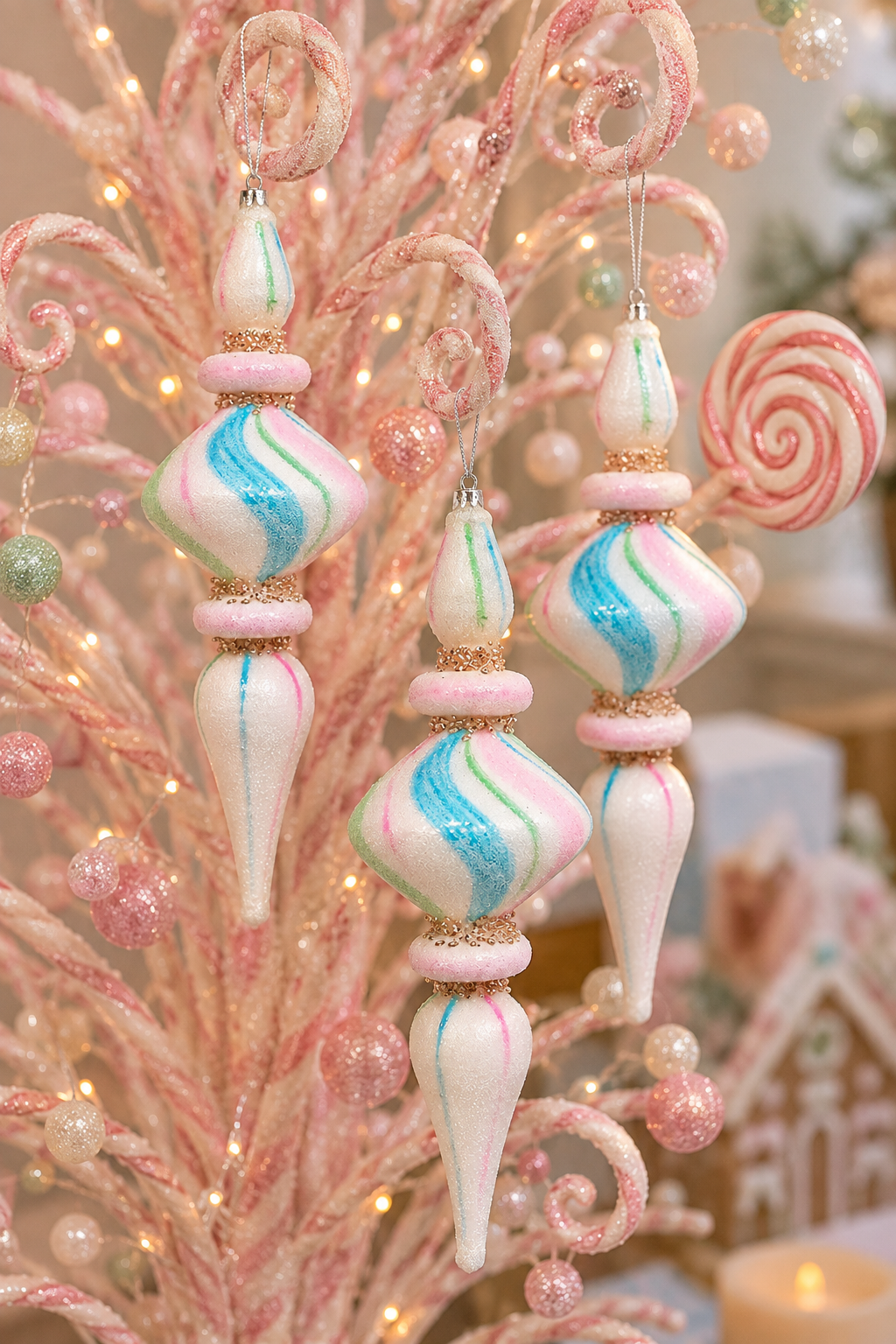 Pastel watercolour glass diamond finial ornaments hanging on a pink candy-themed Christmas tree, showing the diamond centre shape with pink, blue and mint swirl detailing and rose gold glitter bands