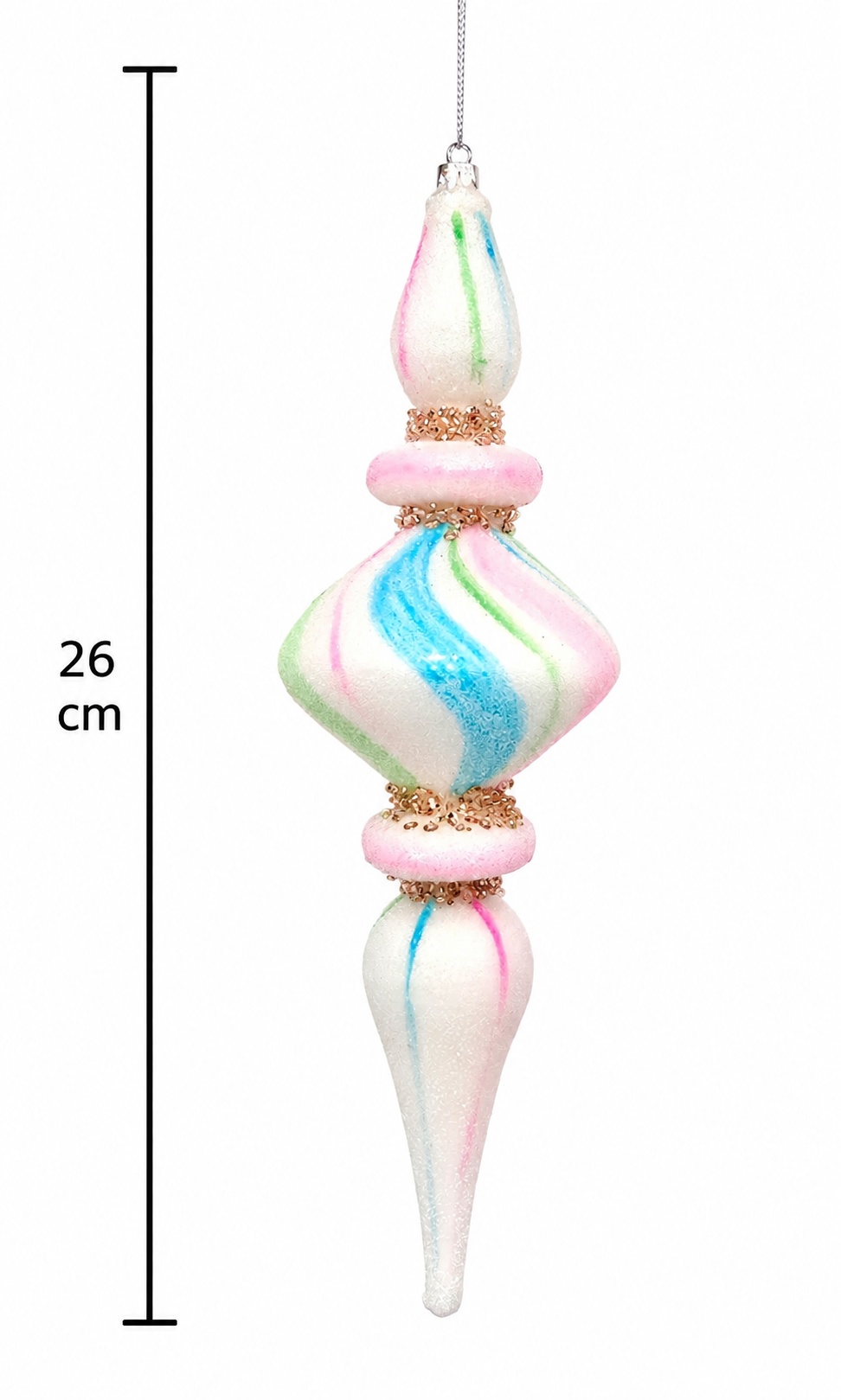 Pastel watercolour glass diamond finial ornament on a white background with a dimension marker showing a 26cm drop