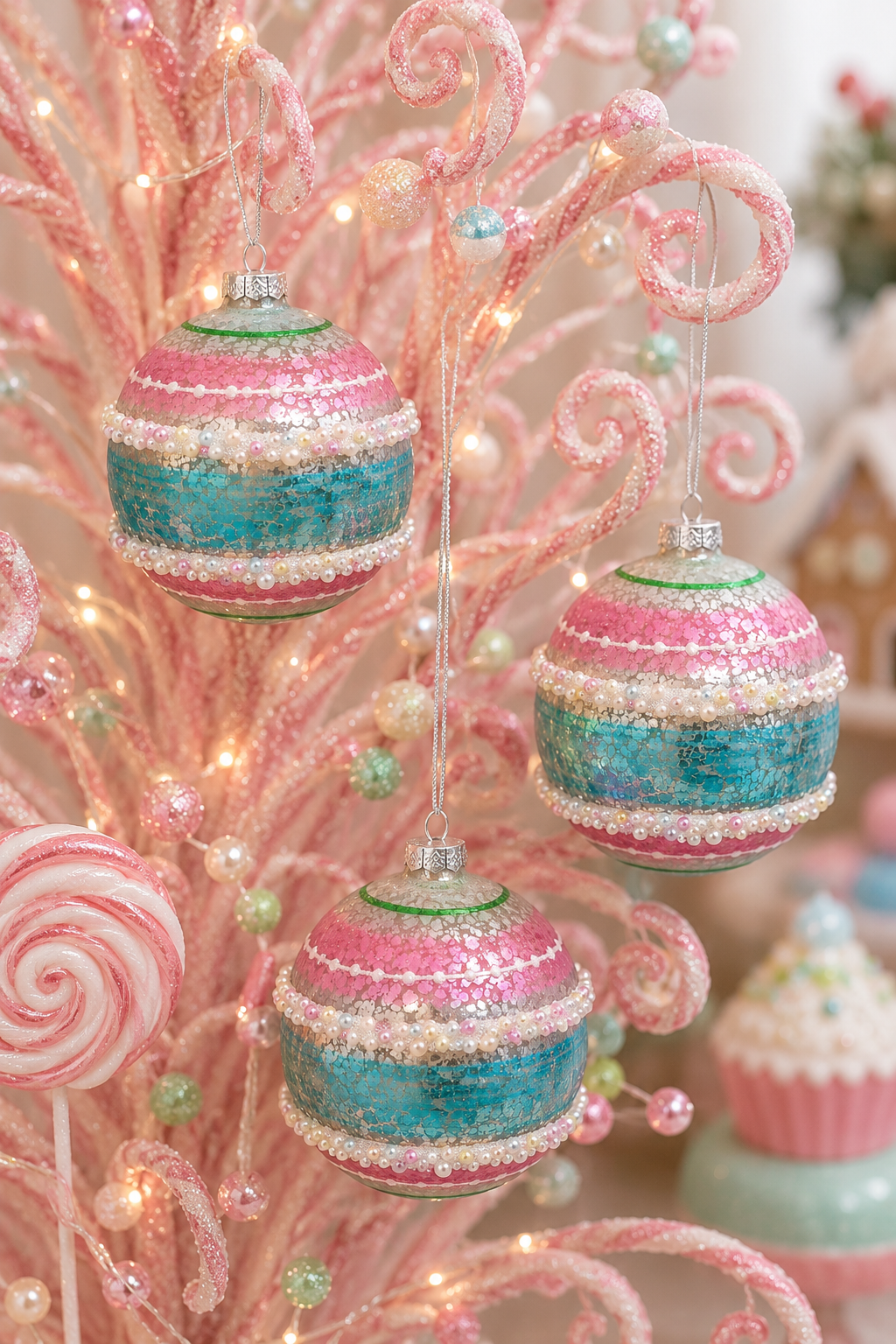 Pearl Trim Mercury Glass Baubles in pink and teal hanging on a pink candy-themed Christmas tree, showing the crackled glass finish and pastel pearl bead trim