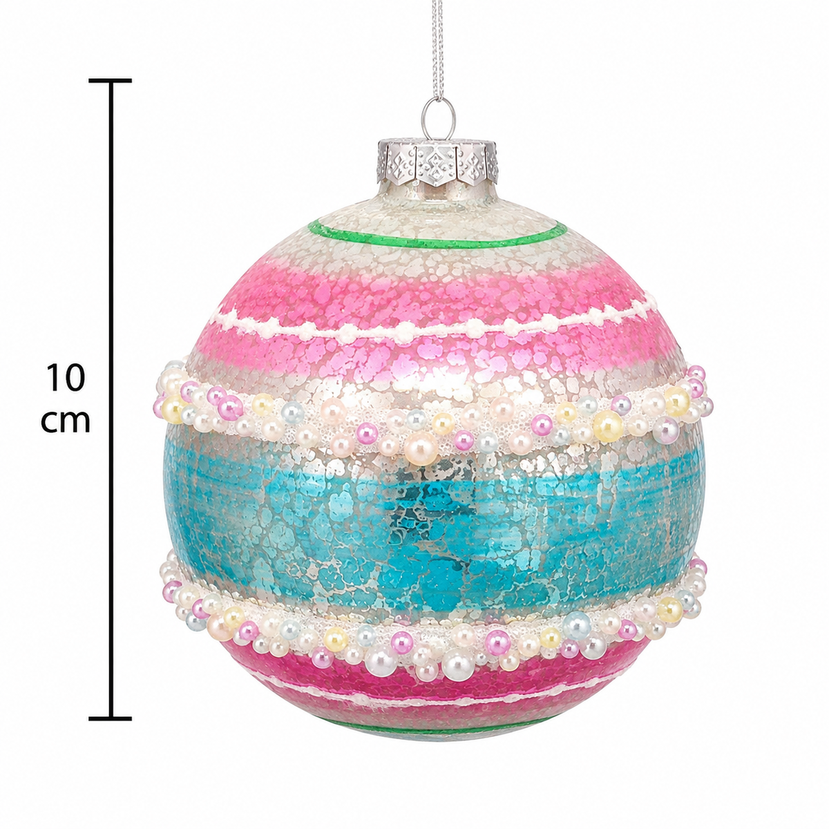Pearl Trim Mercury Glass Bauble in pink and teal on a white background with a dimension marker showing a 10cm diameter