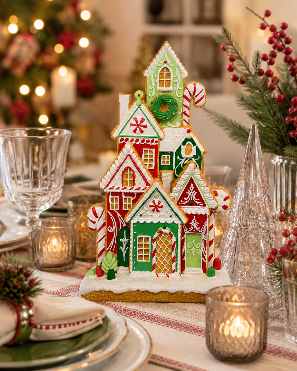 Gingerbread Village Christmas House Figurine displayed as a table centrepiece surrounded by candles, crystal trees and a berry sprig, with a Christmas tree glowing in the background