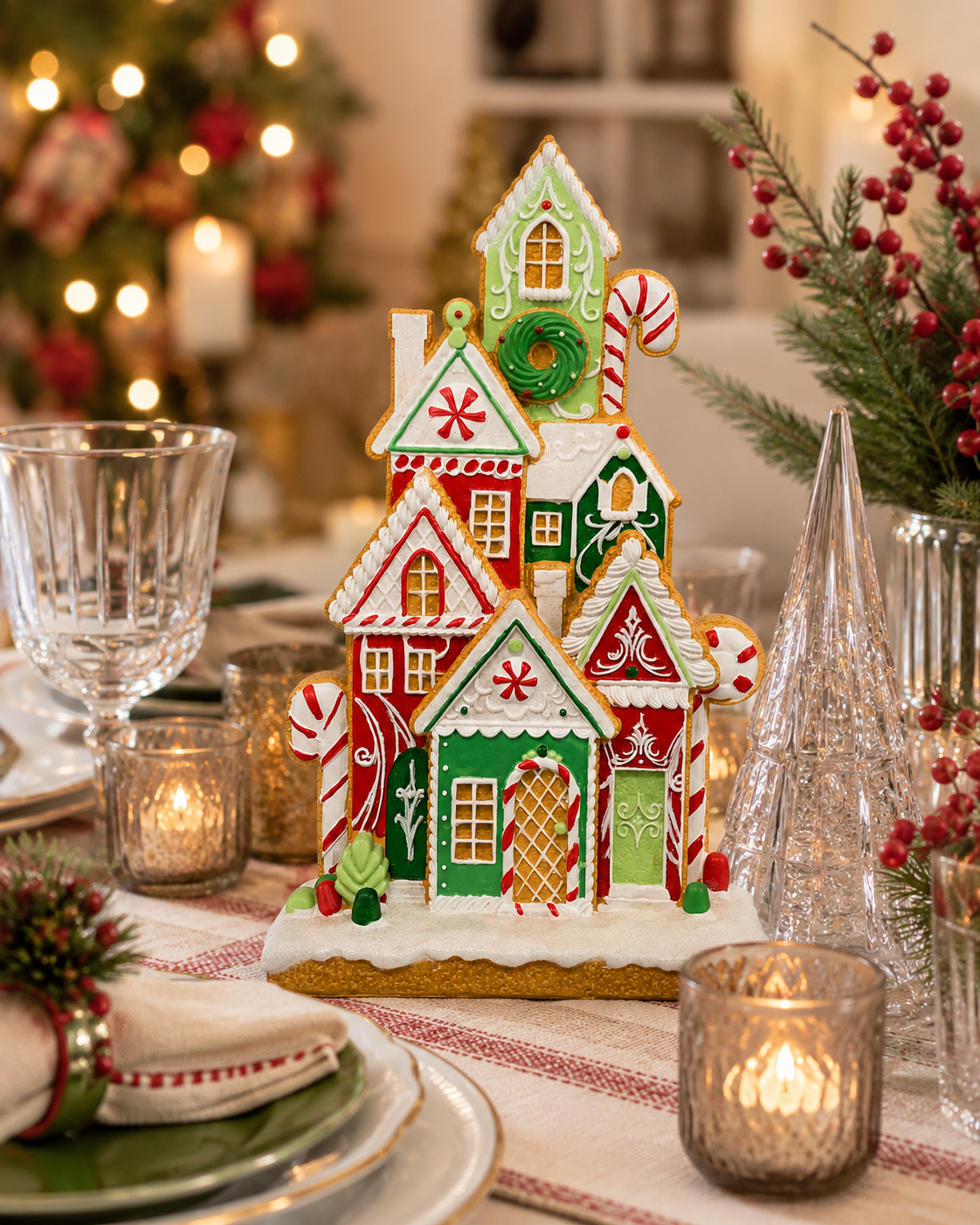Gingerbread Village Christmas House Figurine displayed as a table centrepiece surrounded by candles, crystal trees and a berry sprig, with a Christmas tree glowing in the background