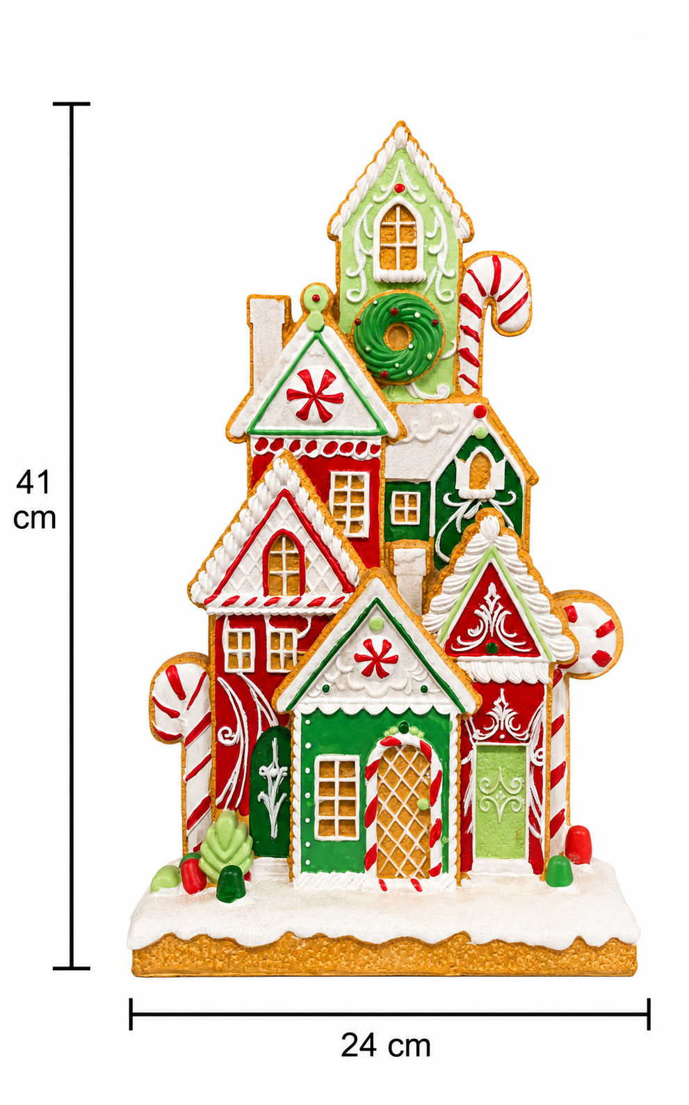 Gingerbread Village Christmas House Figurine on a white background with dimension markers showing 41cm height and 24cm width
