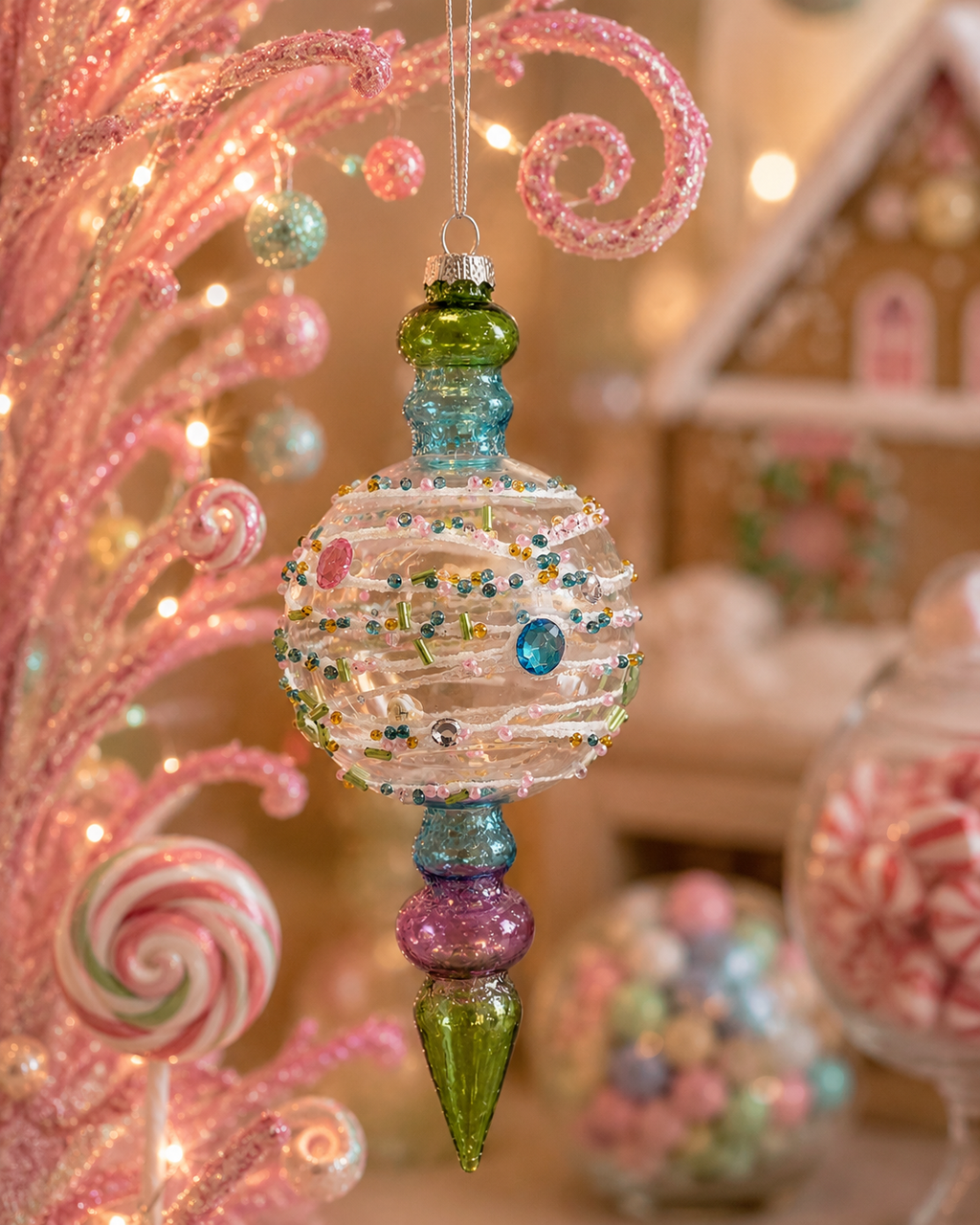 Jeweled Beaded Glass Finial Ornament hanging on a pink candy-themed Christmas tree, showing the gem-encrusted clear glass ball, beaded swirl detail and crackled turquoise and purple glass body