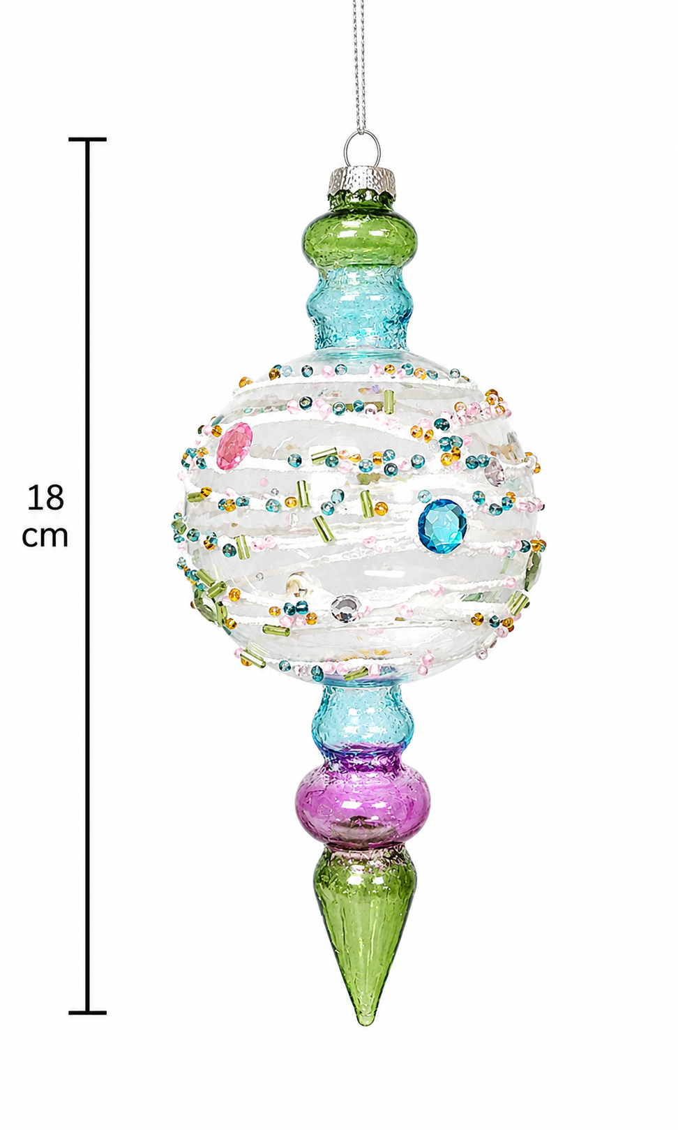 Jeweled Beaded Glass Finial Ornament on a white background with a dimension marker showing an 18cm drop
