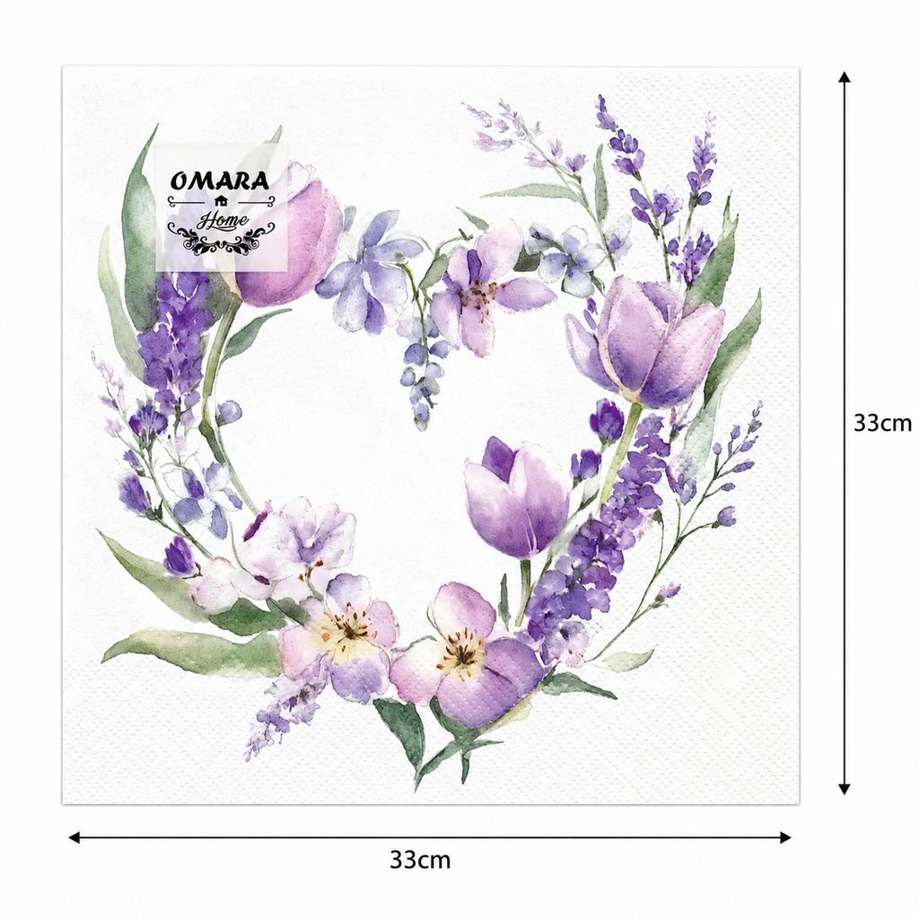 Single purple floral heart wreath napkin unfolded flat on a plain background showing 33cm x 33cm size measurements