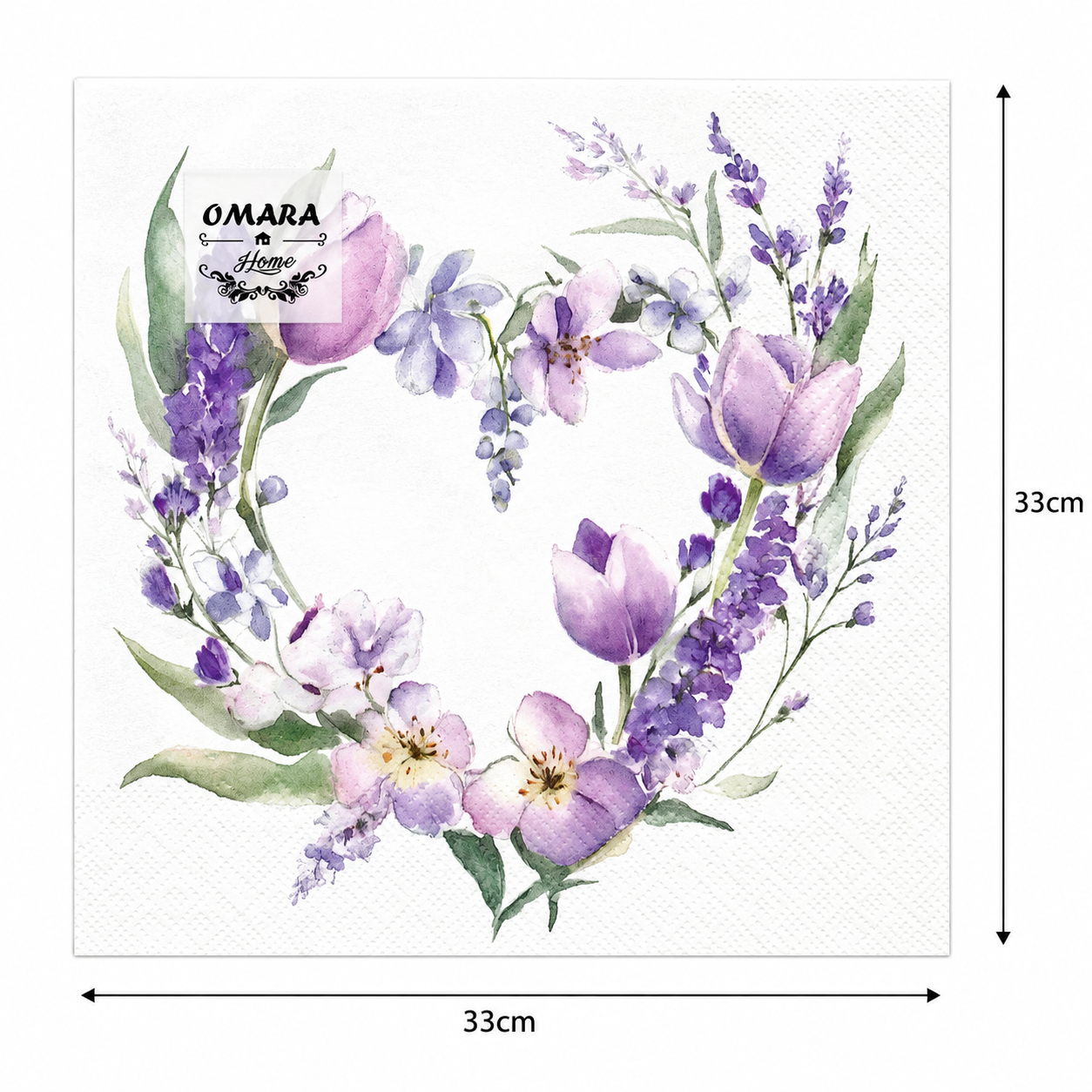 Single purple floral heart wreath napkin unfolded flat on a plain background showing 33cm x 33cm size measurements