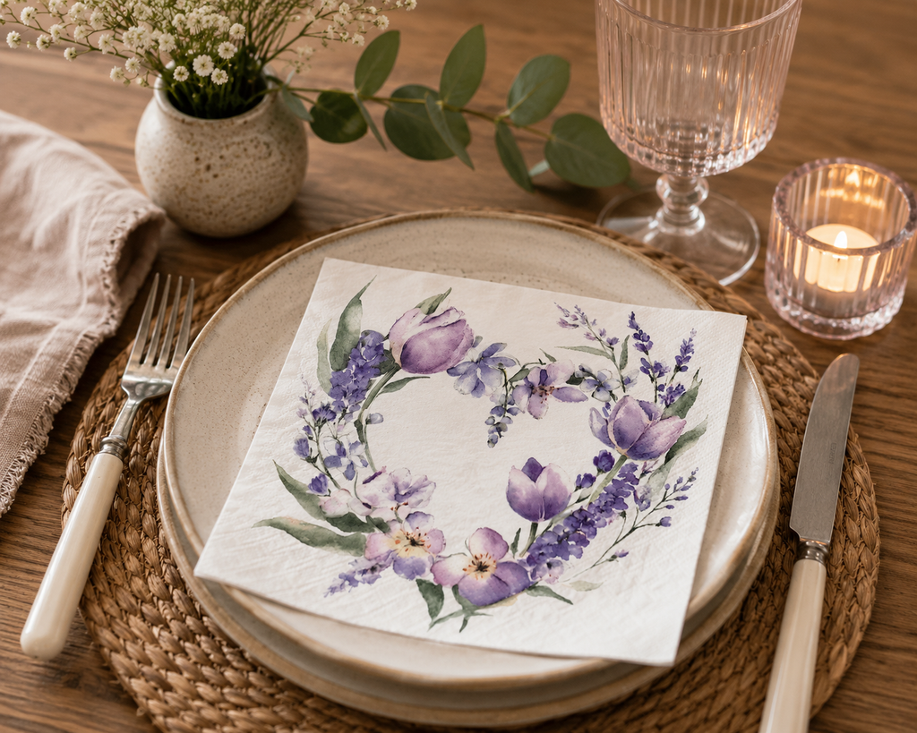 Purple floral heart wreath napkin folded on a plate with eucalyptus, white florals, a pink glass and candle at a table setting