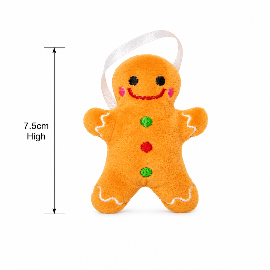 Plush gingerbread man Christmas ornament on a plain background showing 7.5cm height measurement and embroidered face detail