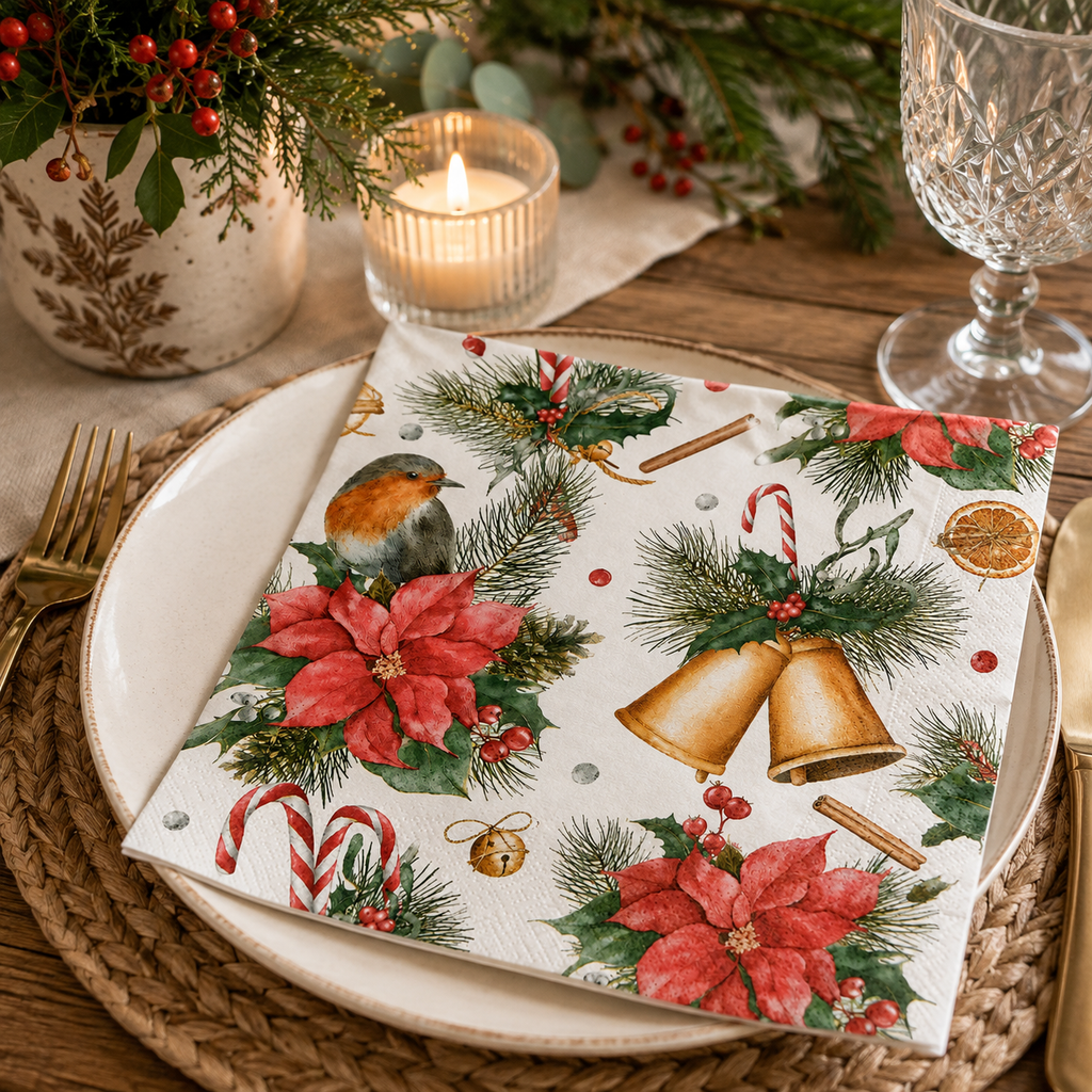 Robin and poinsettia Christmas napkin folded on a plate with a pine and berry arrangement, candle and wine glass at a festive table setting