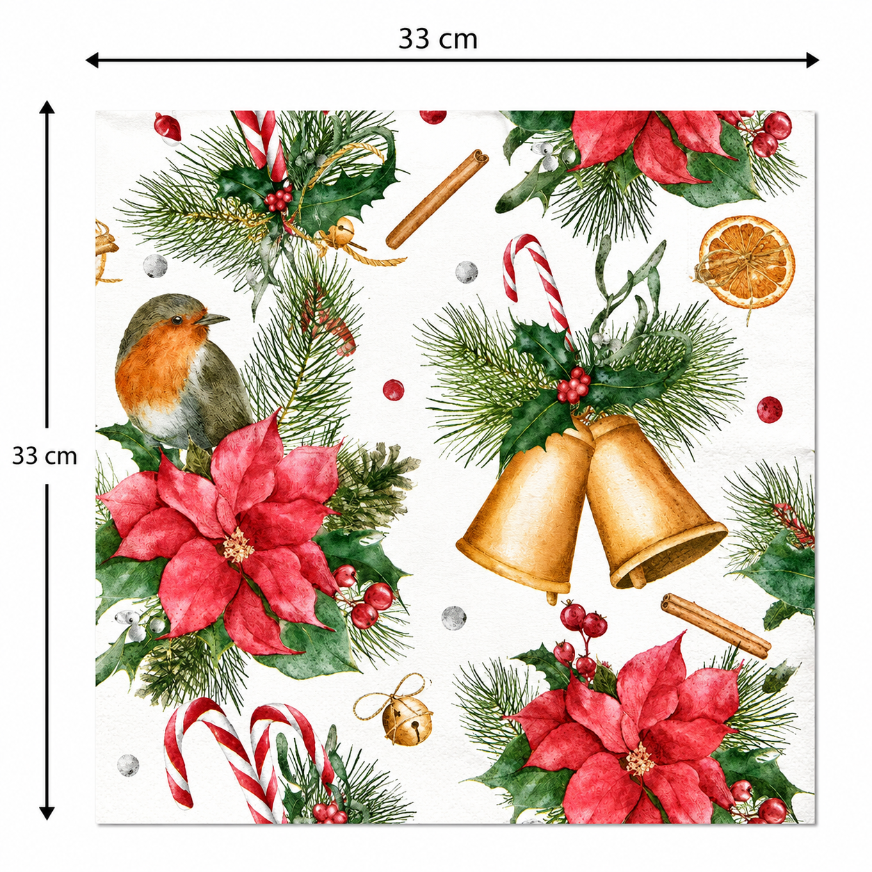 Single robin and poinsettia Christmas napkin unfolded flat on a plain background showing 33cm x 33cm size measurements