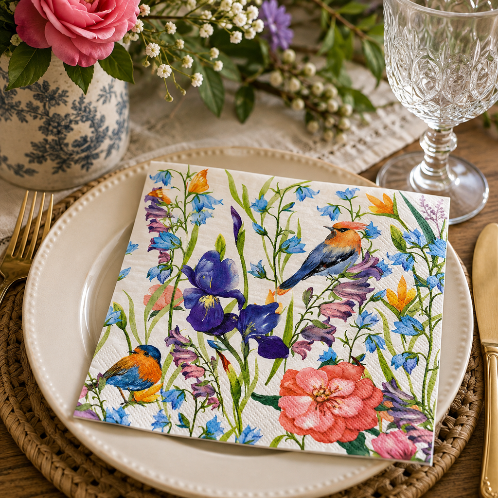 Wildflower meadow bird napkin folded on a white plate with pink roses, wine glass and rattan charger at a table setting