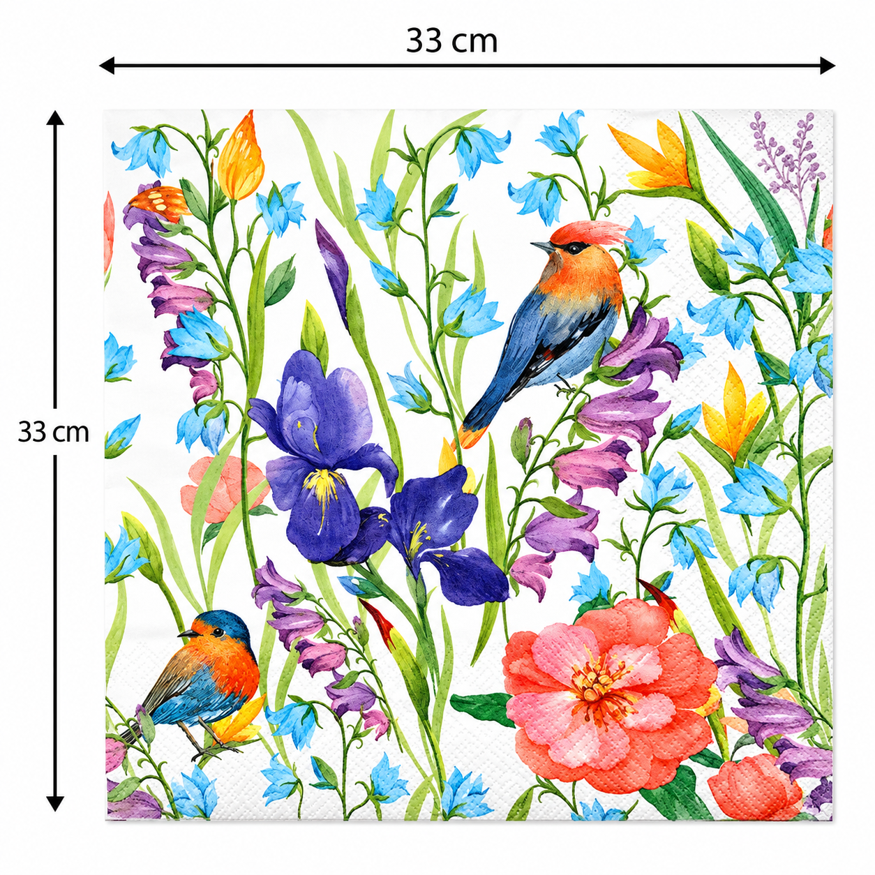 Single wildflower meadow bird napkin unfolded flat on a plain background showing 33cm x 33cm size measurements