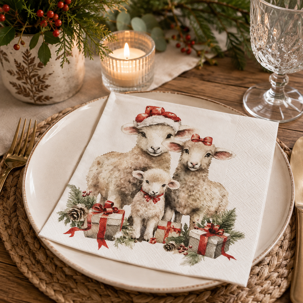 Christmas sheep family napkin folded on a plate with a pine and berry arrangement, candle and wine glass at a festive table setting