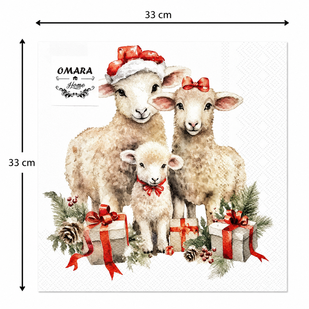 Single Christmas sheep family napkin unfolded flat on a plain background showing 33cm x 33cm size measurements