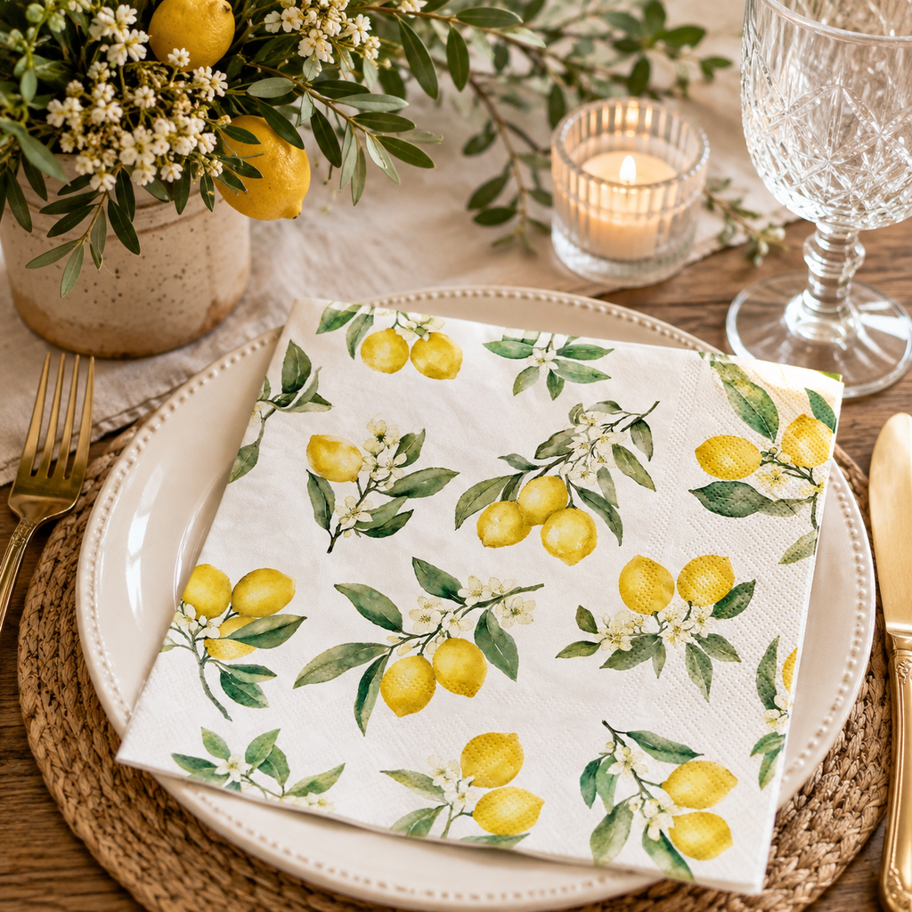 Watercolour lemon grove napkin folded on a white plate with a lemon and greenery arrangement, candle and wine glass at a table setting