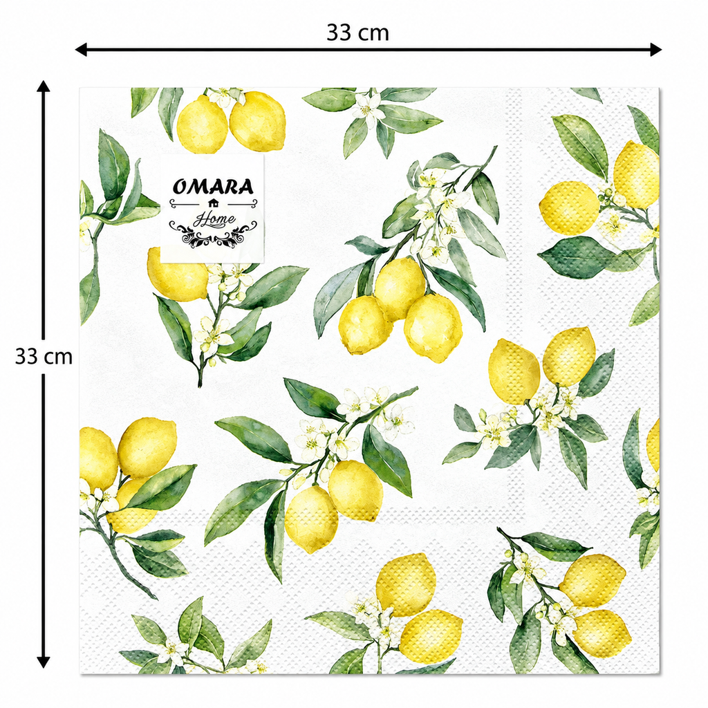 Single watercolour lemon grove napkin unfolded flat on a plain background showing 33cm x 33cm size measurements