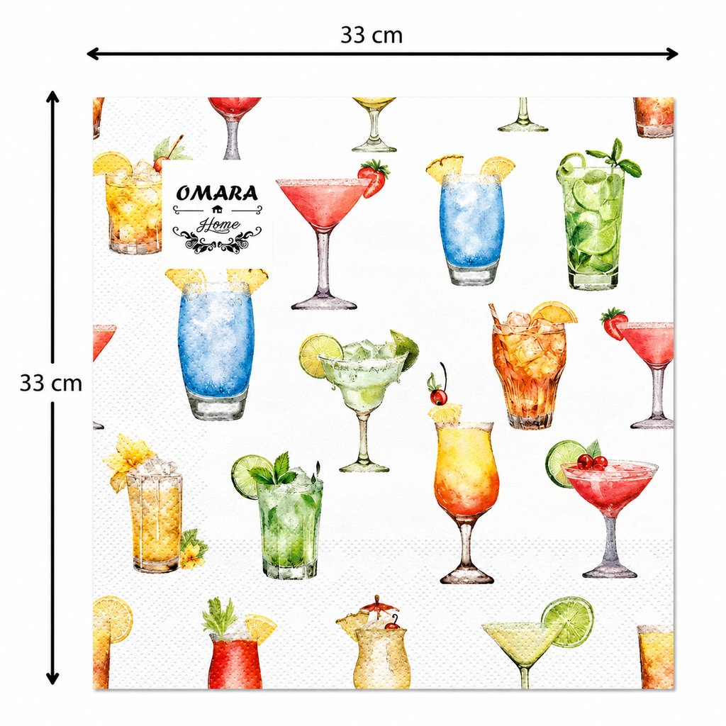 Single watercolour cocktail print napkin unfolded flat on a plain background showing 33cm x 33cm size measurements