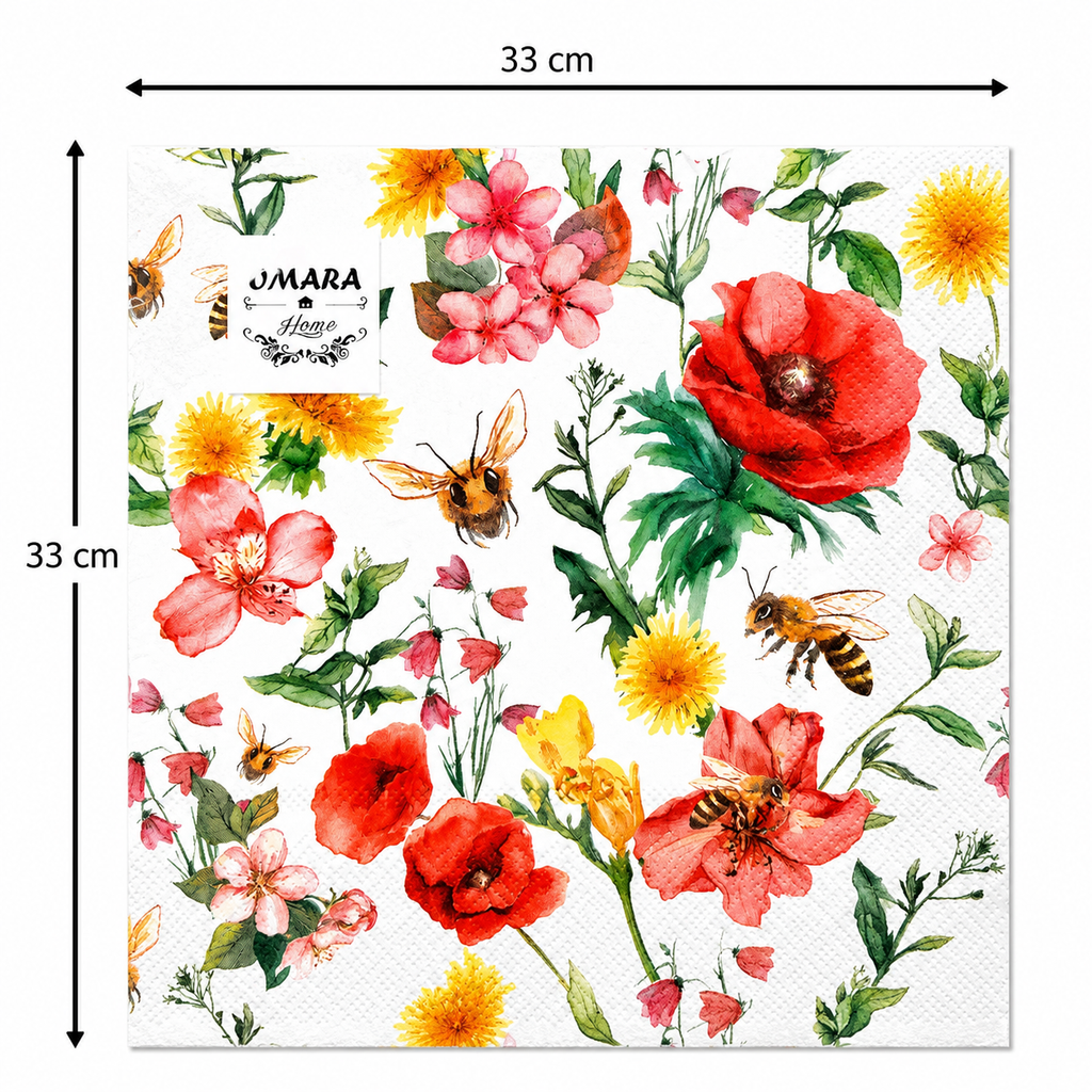 Single watercolour bee and wildflower napkin unfolded flat on a plain background showing 33cm x 33cm size measurements
