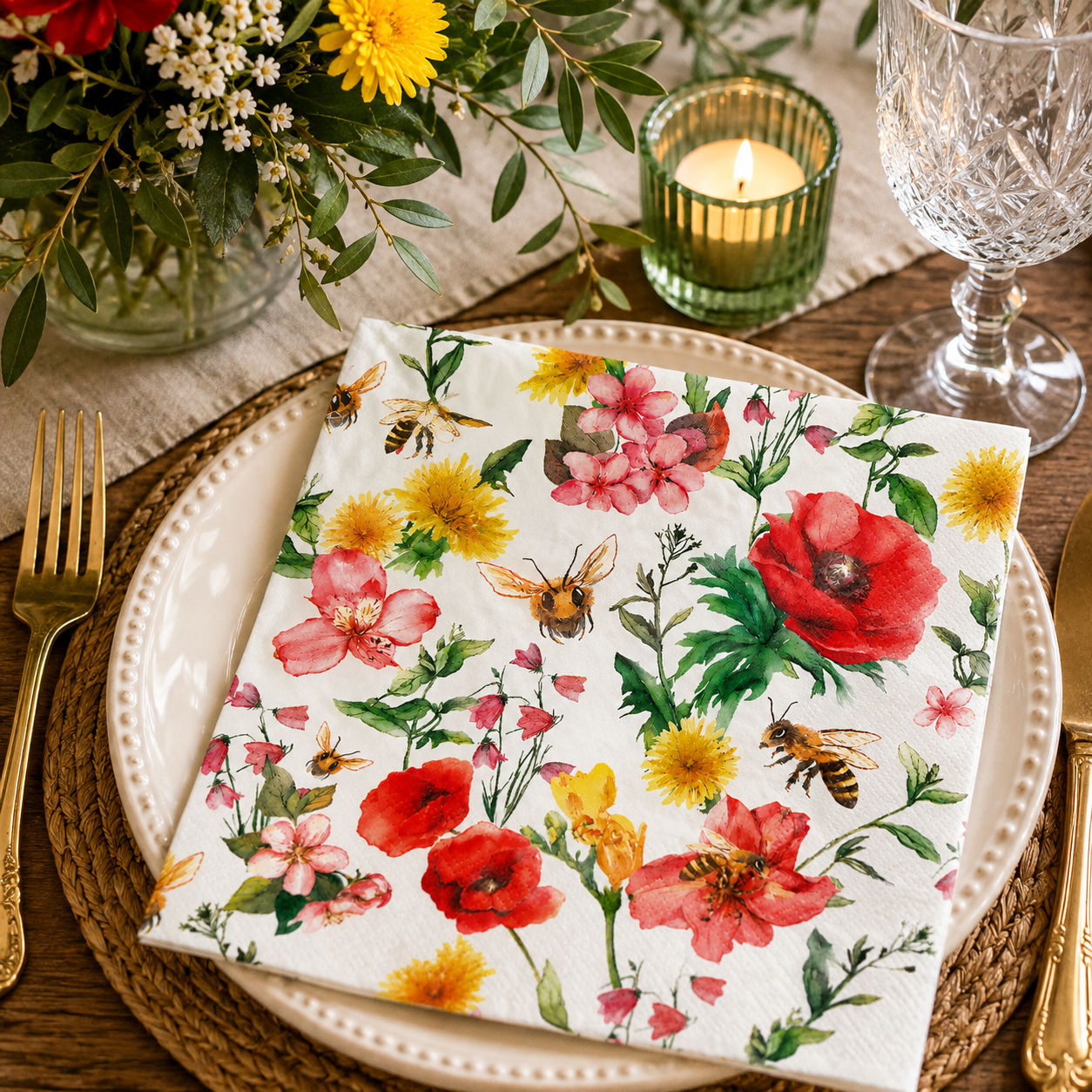 Watercolour bee and wildflower napkin folded on a white plate with a floral arrangement, green candle holder and wine glass at a table setting