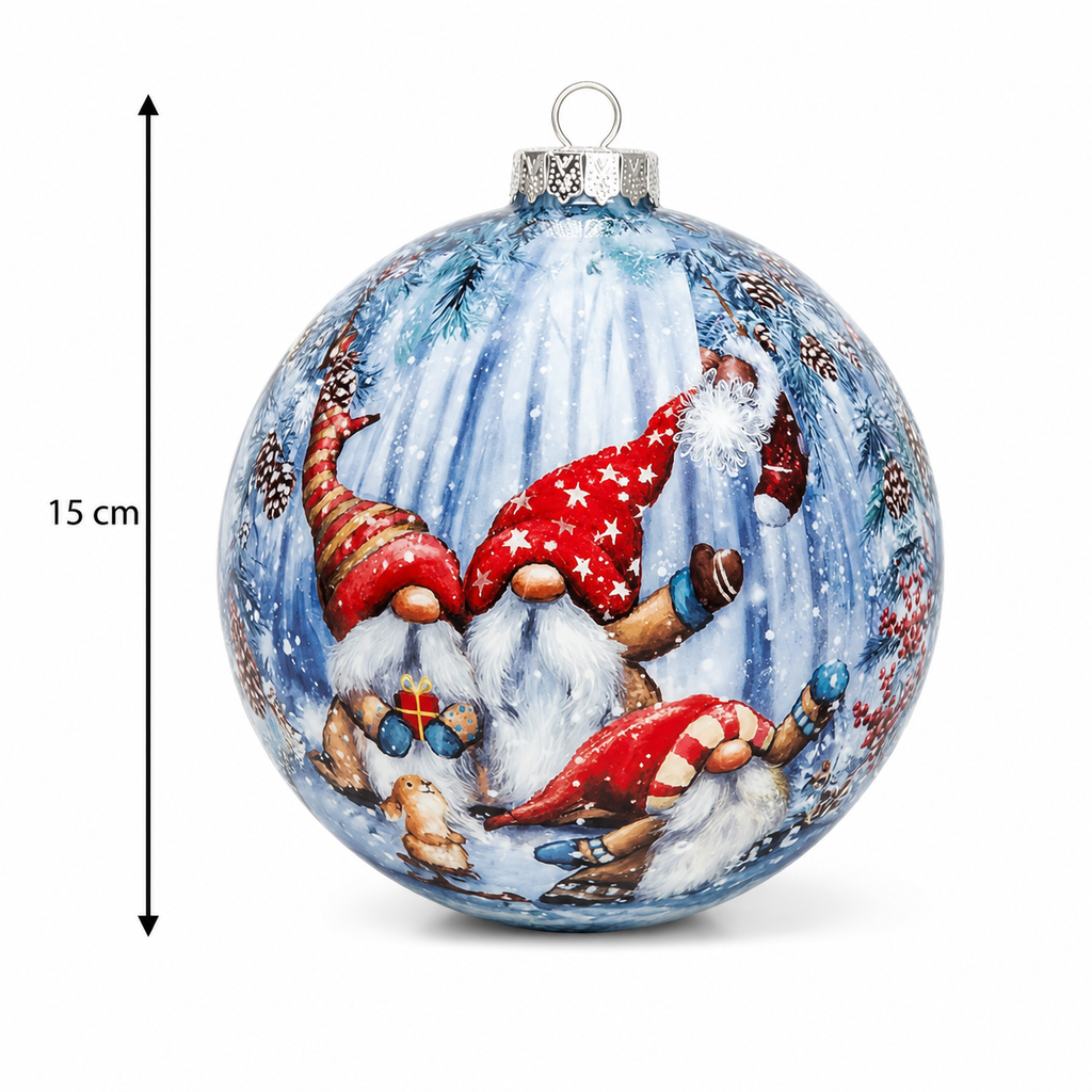 Light-up gnome Christmas bauble on a plain background showing 15cm height measurement and full gnome scene detail
