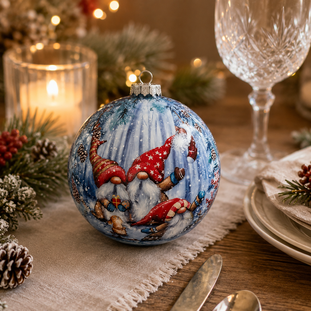 Light-up gnome Christmas bauble on a table setting with pine, candle and crystal glassware, LED lights glowing through the printed gnome scene