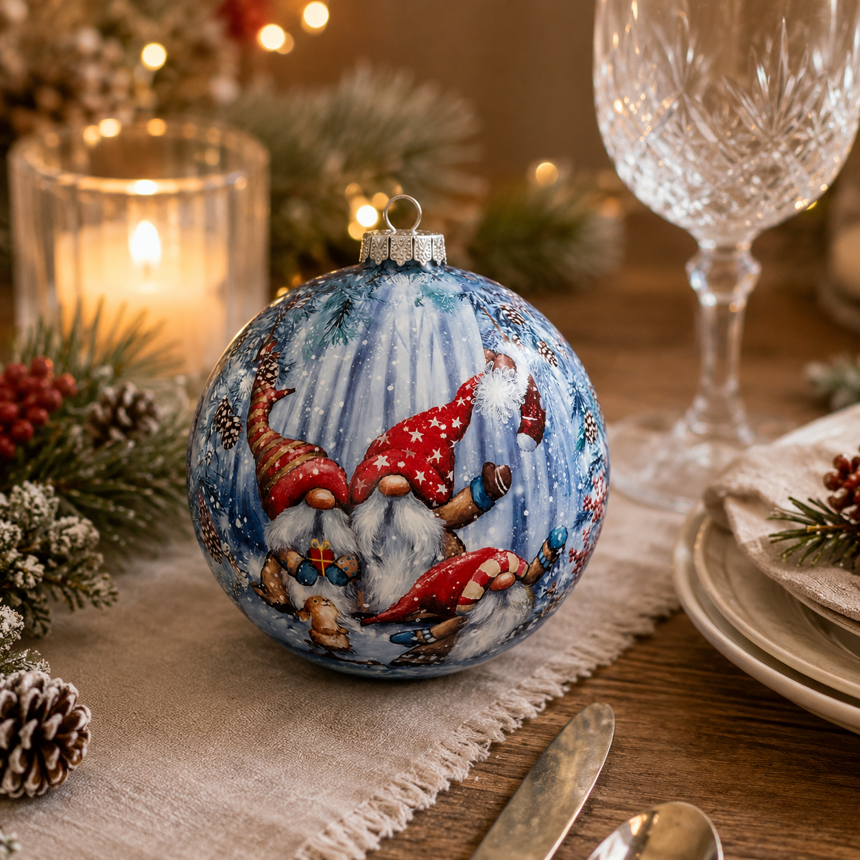 Light-up gnome Christmas bauble on a table setting with pine, candle and crystal glassware, LED lights glowing through the printed gnome scene