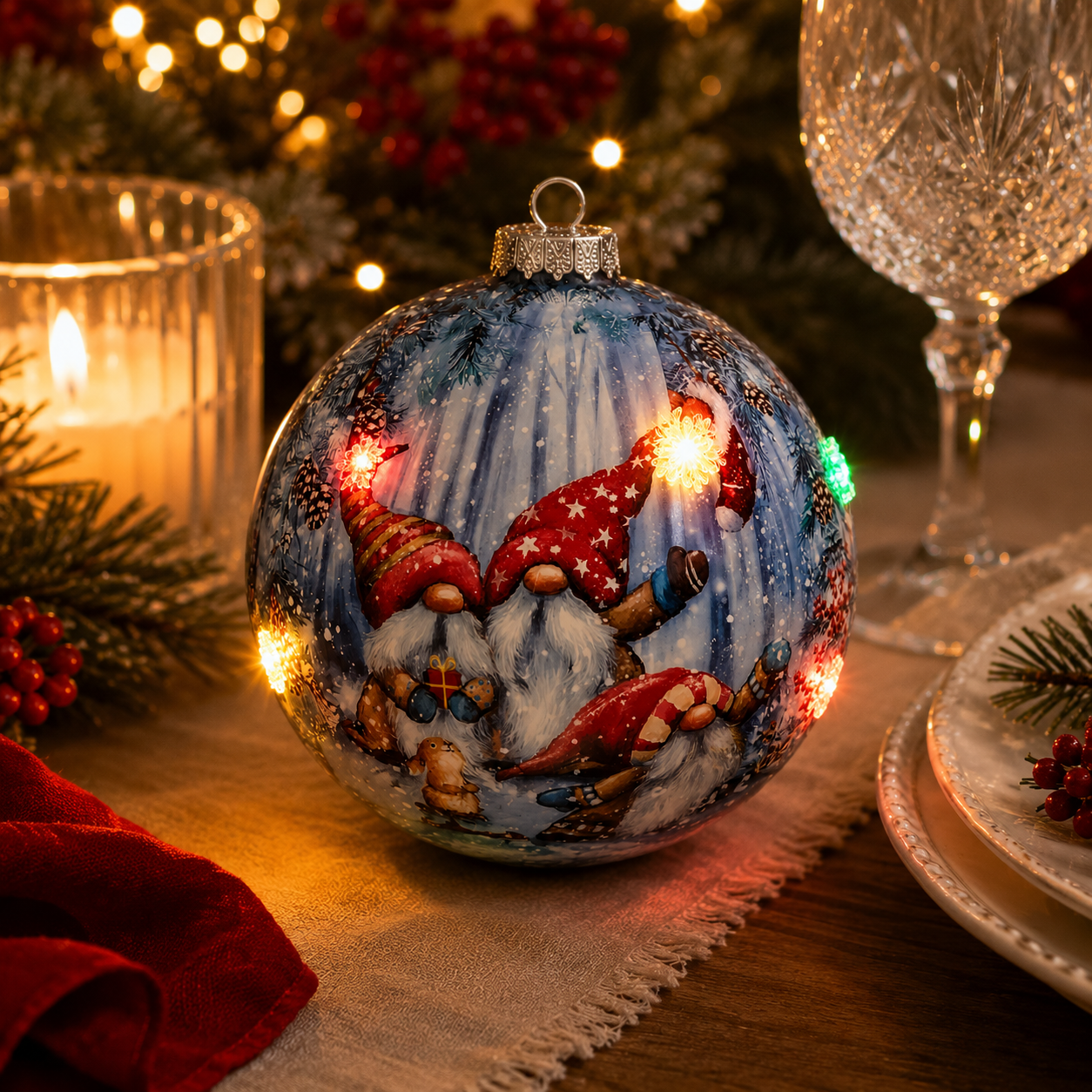 Light-up gnome Christmas bauble glowing on a table runner beside a candle, pine branches and red napkin, illuminated LED lights visible on the ornament