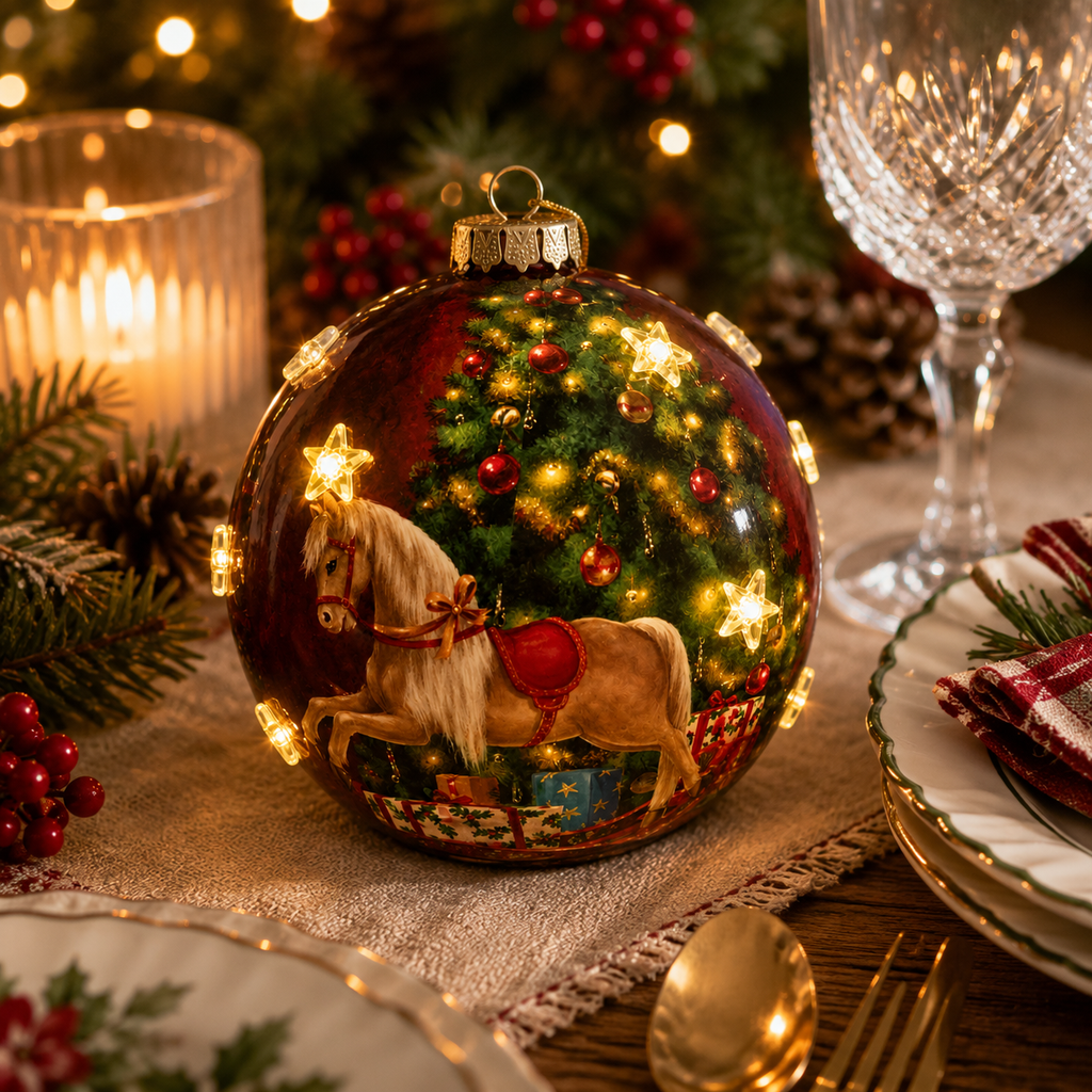 Light-up rocking horse Christmas bauble glowing on a table runner beside a candle, pine branches and plaid napkin, star LED lights visible on the ornament