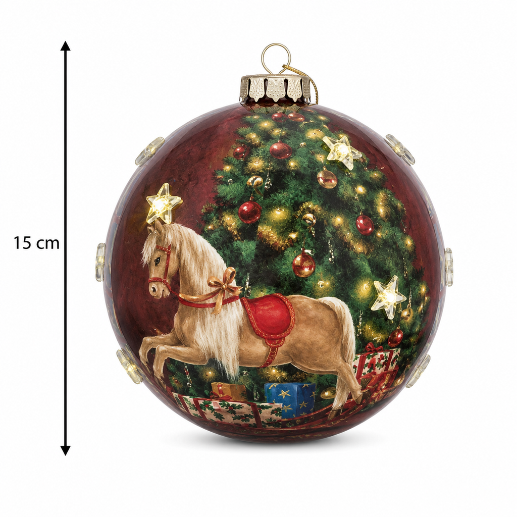 Light-up rocking horse Christmas bauble on a plain background showing 15cm height measurement and full printed tree and horse scene detail