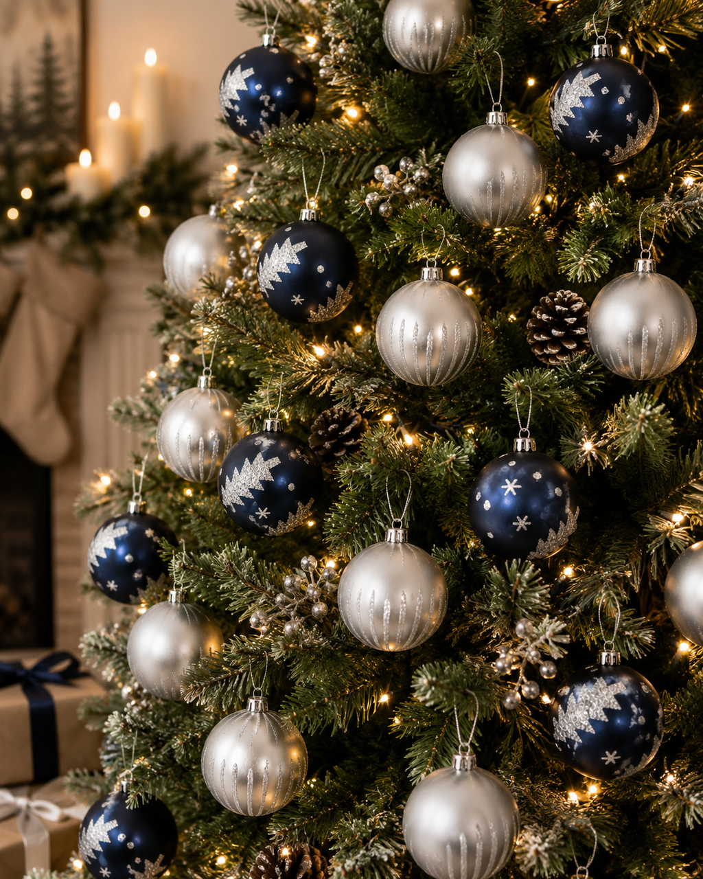 Navy and silver Christmas baubles hanging on a decorated tree among pinecones and fairy lights, showing tree and stripe glitter designs