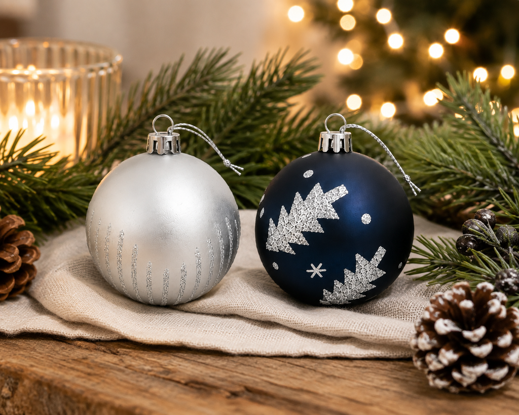 Silver and navy Christmas bauble side by side on a wooden surface with pine branches and pinecones showing glitter tree and icicle stripe detail