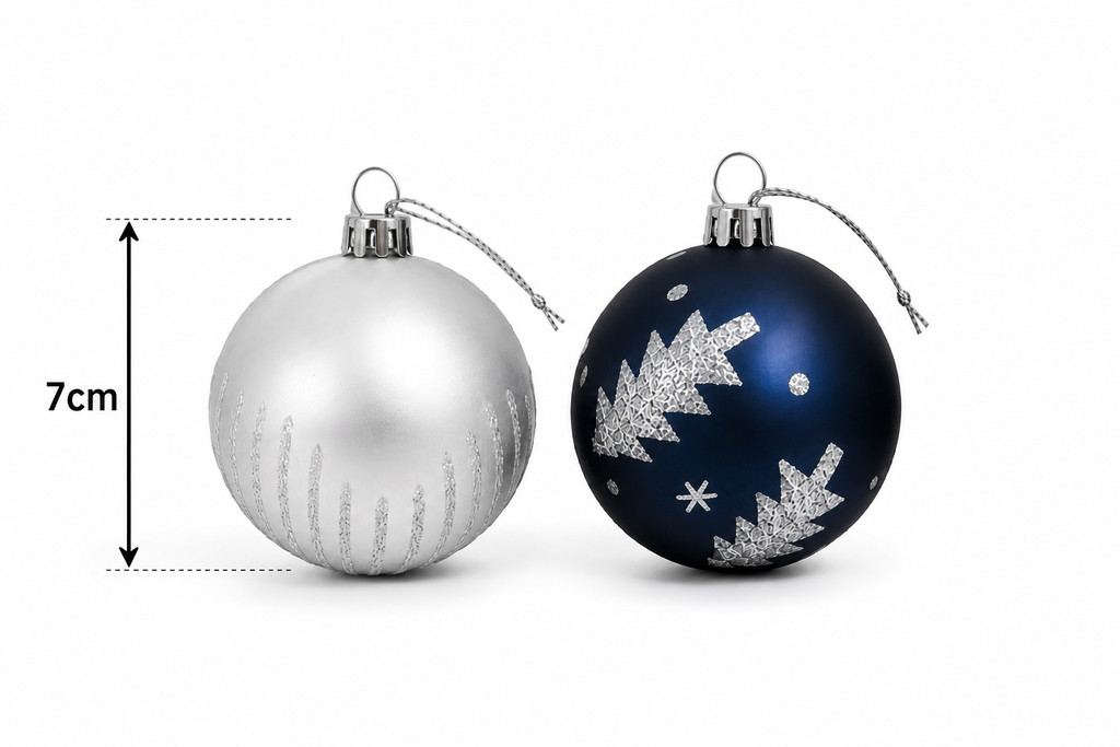 Silver and navy Christmas baubles on a plain background showing 7cm height measurement