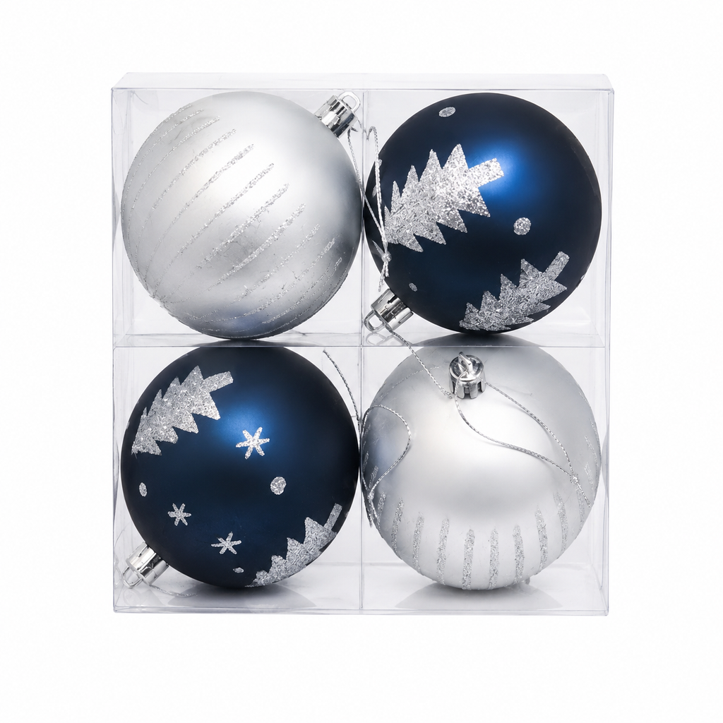 Pack of 4 navy and silver Christmas baubles in a clear display box showing all four glitter pattern designs