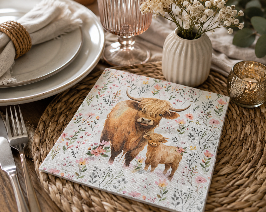 Highland cow and calf floral napkin on a woven placemat with cream plates, a rattan napkin ring, wildflowers and a candle at a table setting