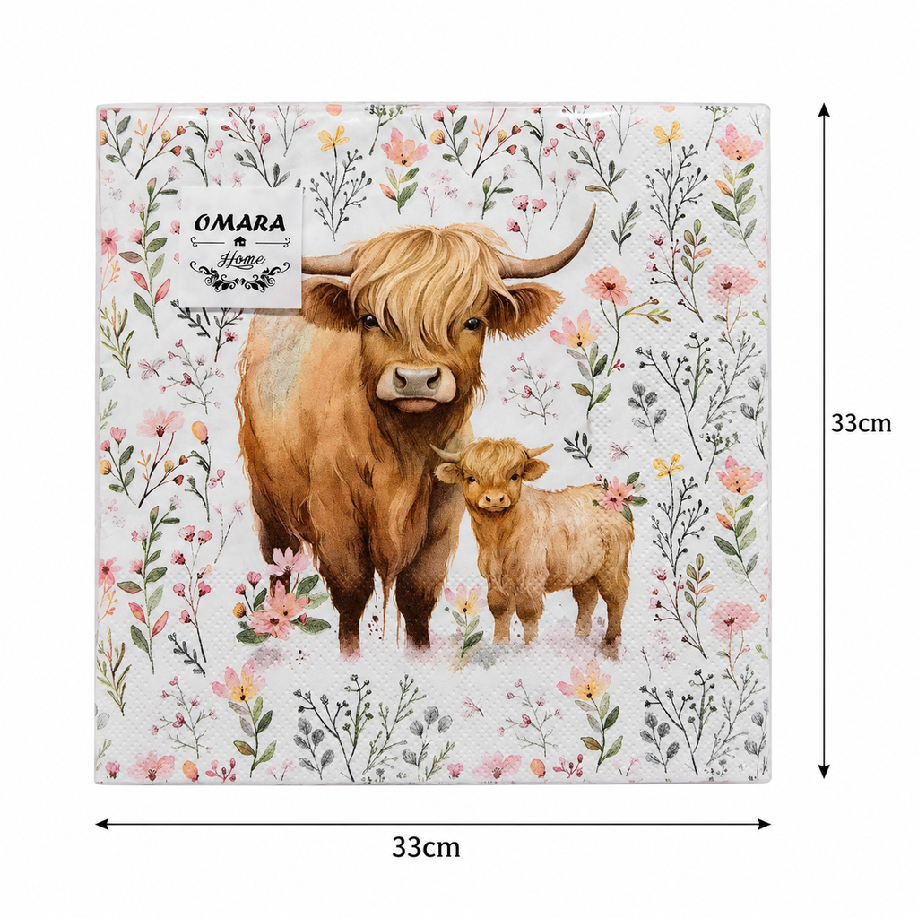 Single highland cow and calf floral napkin unfolded flat on a plain background showing 33cm x 33cm size measurements