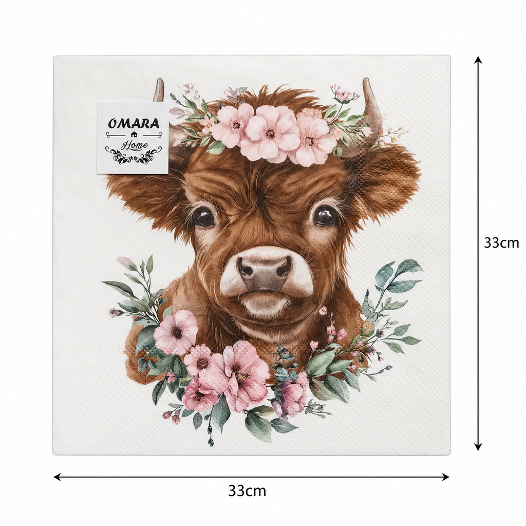 Single floral crown highland calf napkin unfolded flat on a plain background showing 33cm x 33cm size measurements