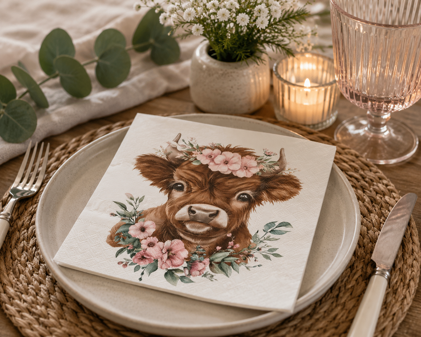 Floral crown highland calf napkin folded on a plate with eucalyptus, white florals, a pink glass and candle at a table setting