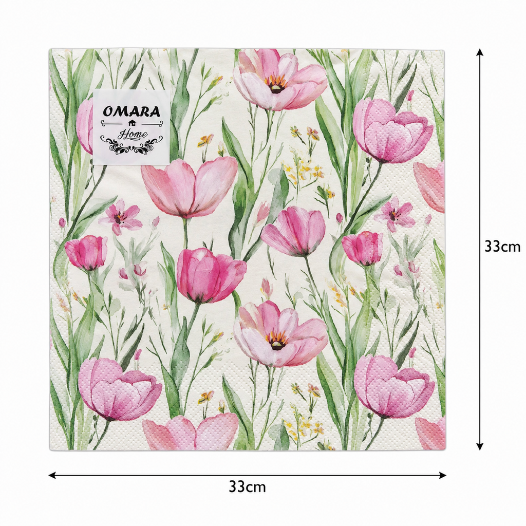 Single watercolour pink wildflower meadow napkin unfolded flat on a plain background showing 33cm x 33cm size measurements