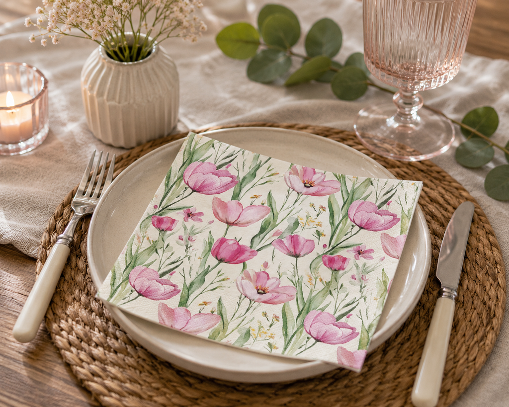 Watercolour pink wildflower meadow napkin folded on a plate with eucalyptus, white florals, a pink glass and candle at a table setting