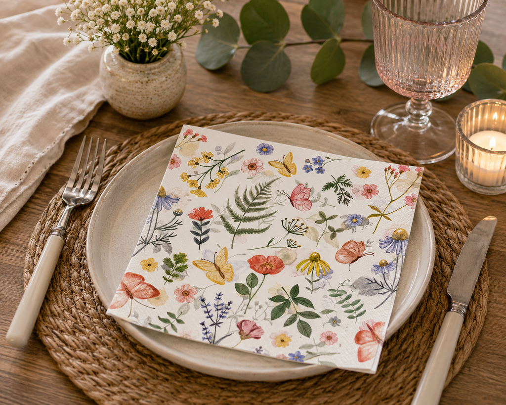 Botanical butterfly and wildflower napkin folded on a plate with eucalyptus, white florals, a pink glass and candle at a table setting