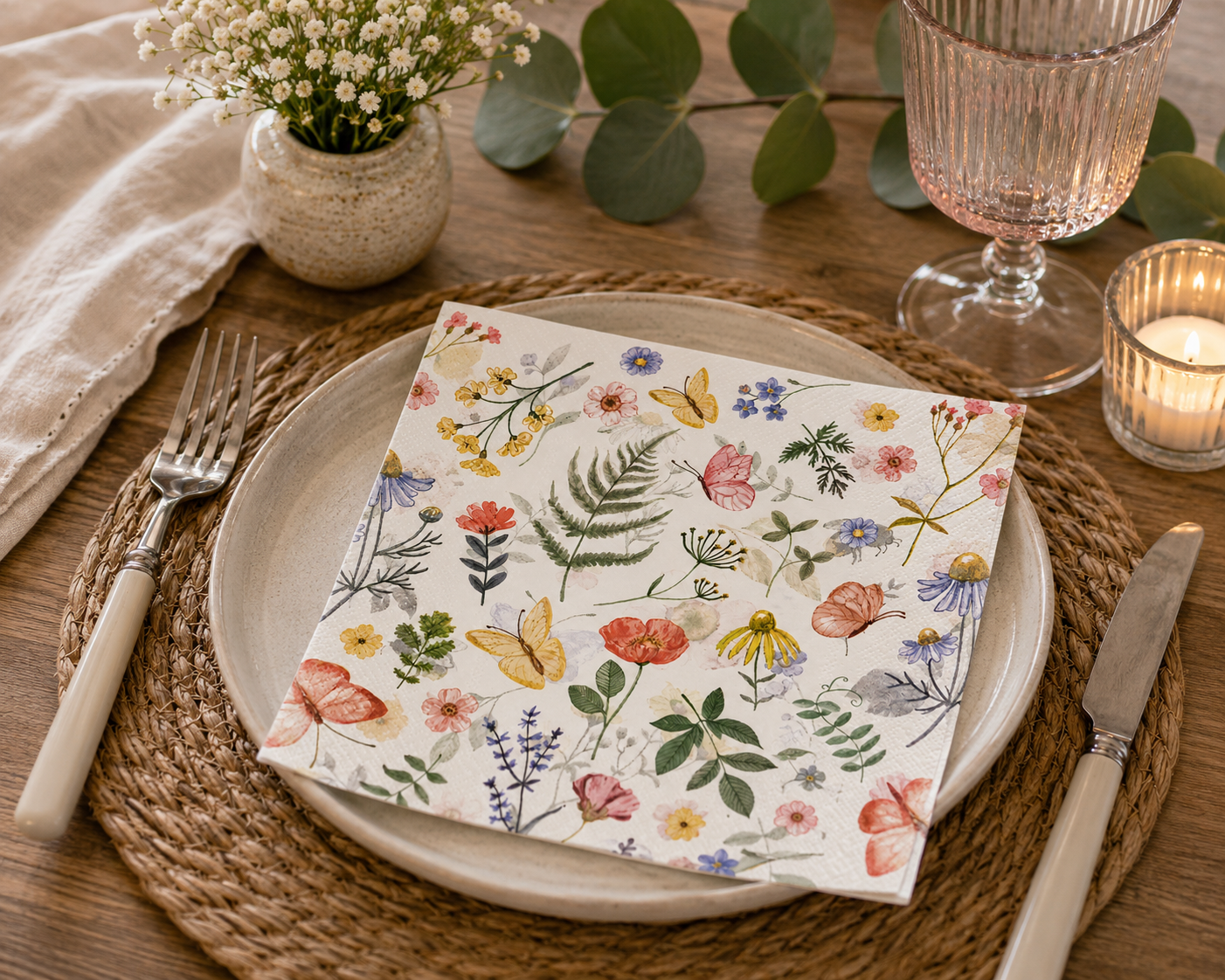 Botanical butterfly and wildflower napkin folded on a plate with eucalyptus, white florals, a pink glass and candle at a table setting