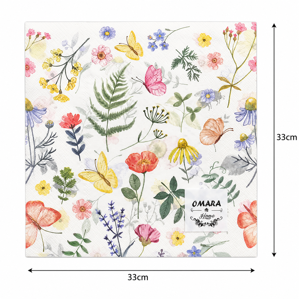 Single botanical butterfly and wildflower napkin unfolded flat on a plain background showing 33cm x 33cm size measurements