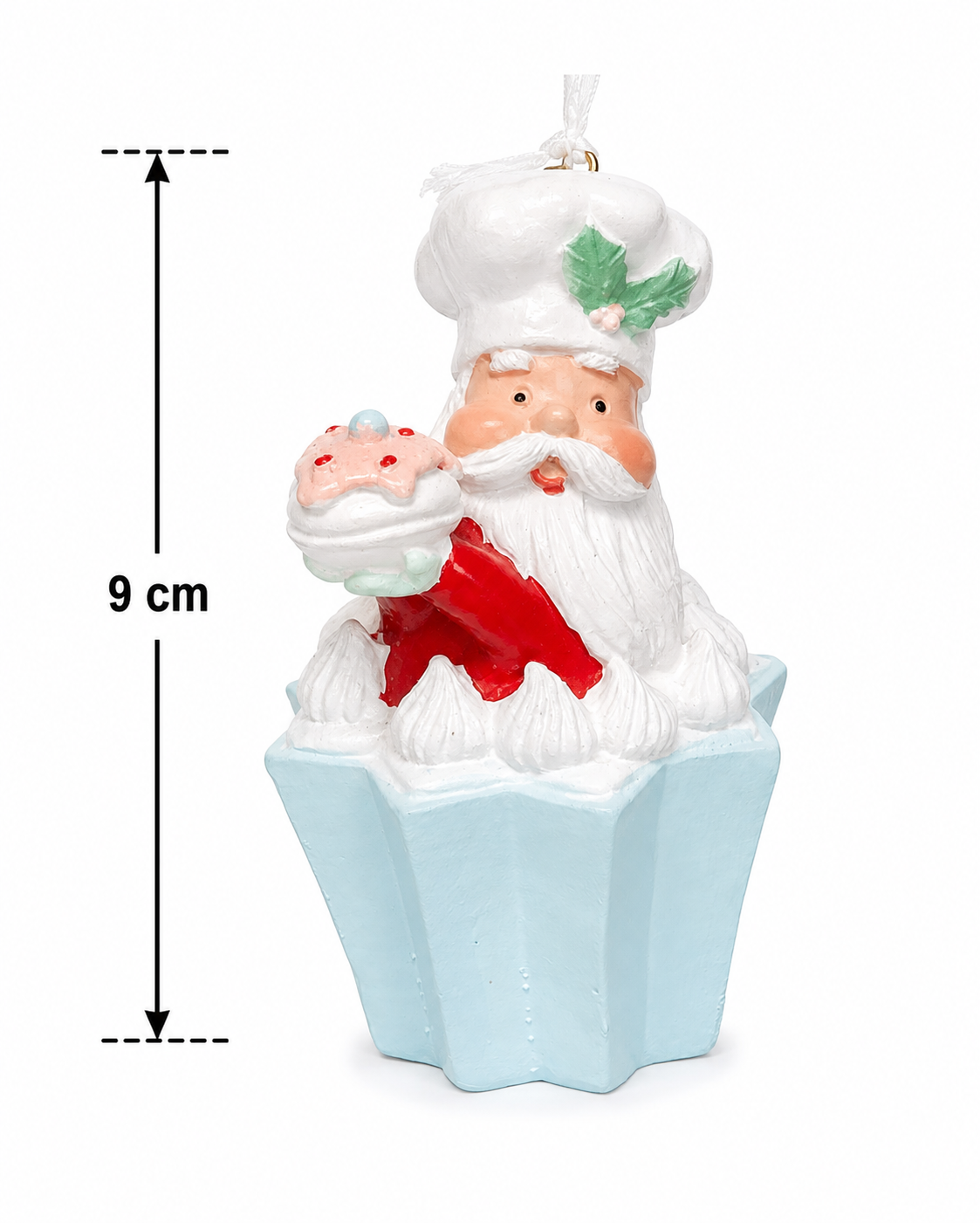 Santa chef cupcake Christmas ornament on a white background with a measurement arrow showing 9cm height, showing the pale blue star-shaped base and cupcake detail.