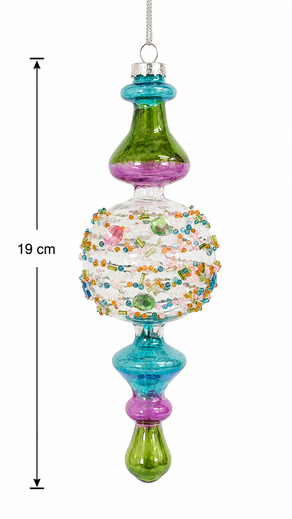 Jewelled finial glass Christmas ornament on a white background with a measurement arrow showing 19cm height, showcasing the teal, green and magenta glass and beaded centre detail.