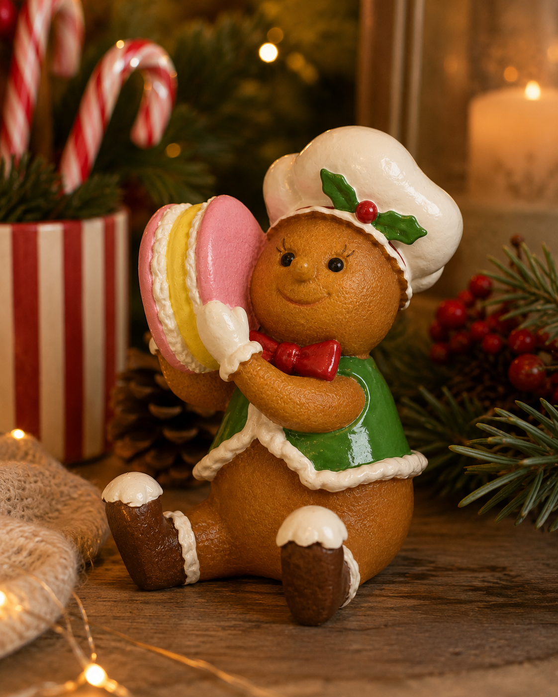 Gingerbread chef figurine holding a pink and yellow macaron, sitting near candy canes, a pinecone and fairy lights in a festive Christmas display.