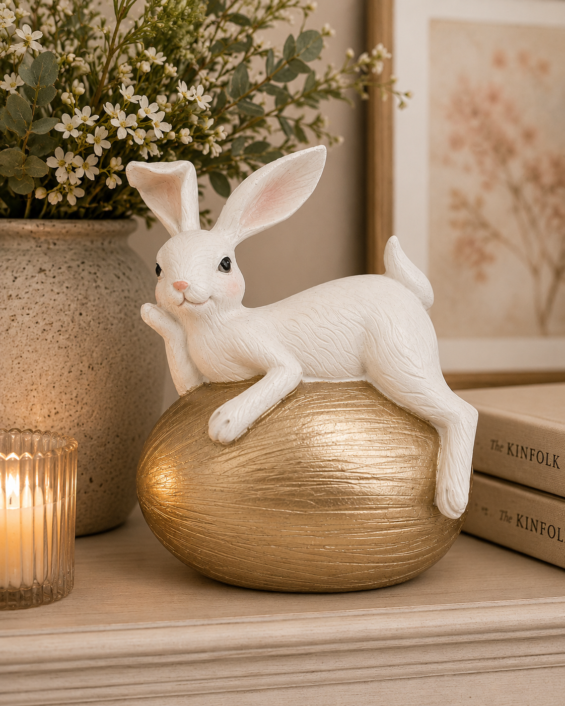 White bunny figurine reclining on a gold textured egg, styled on a shelf with a stoneware vase of eucalyptus and wax flower, a lit candle and stacked books.
