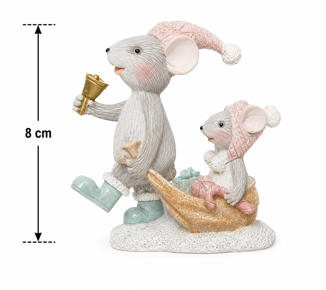 Mouse and sleigh Christmas figurine on a white background with a measurement arrow showing 8cm height, showing the pink knitted hats, gold bell and gold glitter sleigh detail.