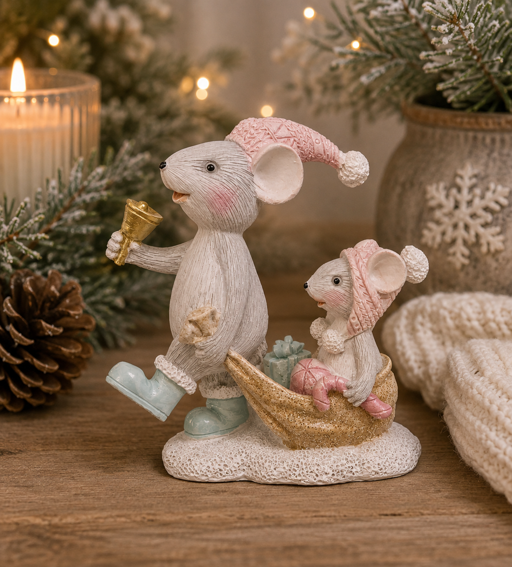 Mouse and sleigh Christmas figurine on a wooden surface, mama mouse in a pink knitted hat ringing a gold bell and pulling a baby mouse in a glittery gold sleigh, styled with a candle, pinecone and frosted greenery.