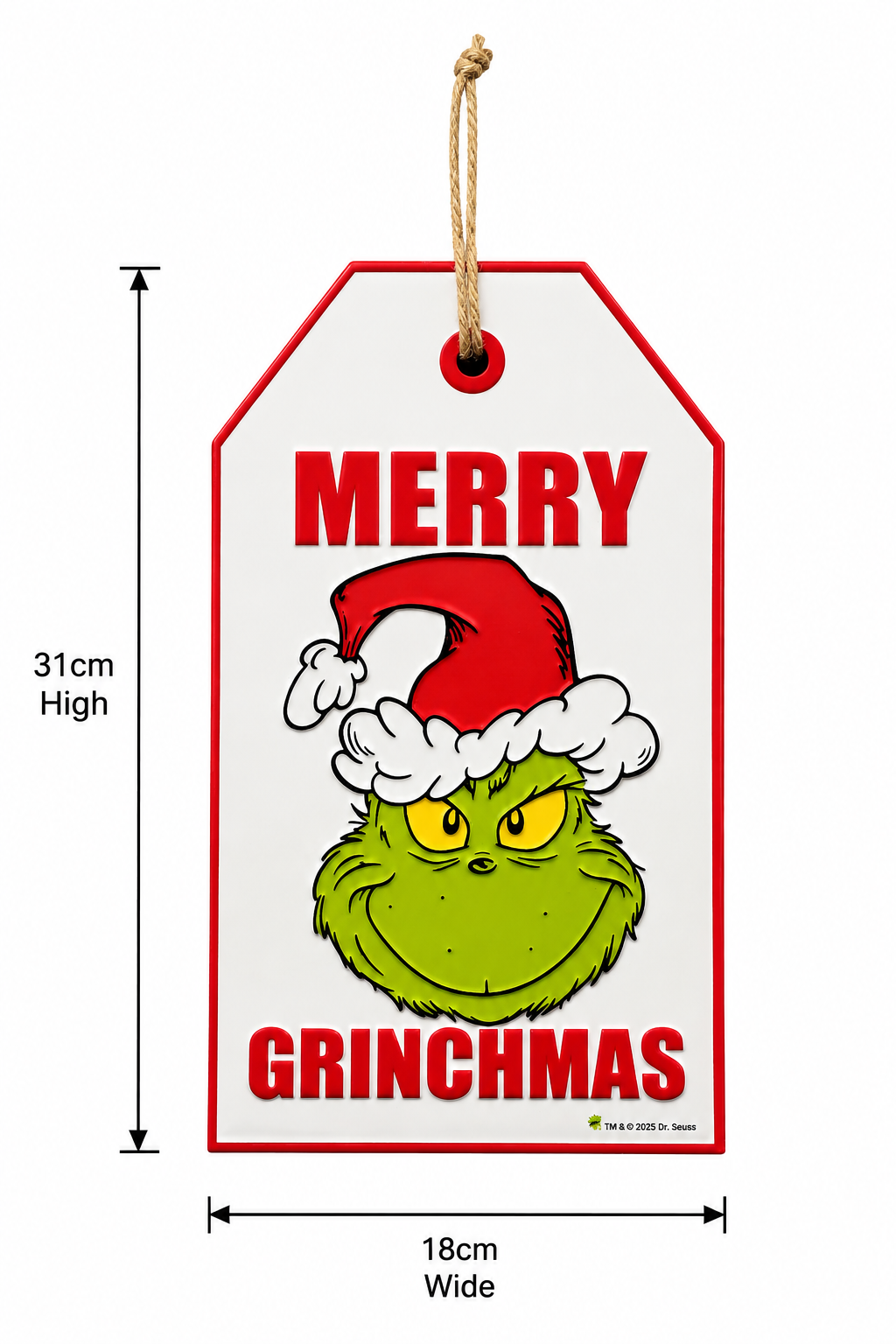Grinch "Merry Grinchmas" hanging gift tag sign on a plain background showing 31cm height and 18cm width measurements